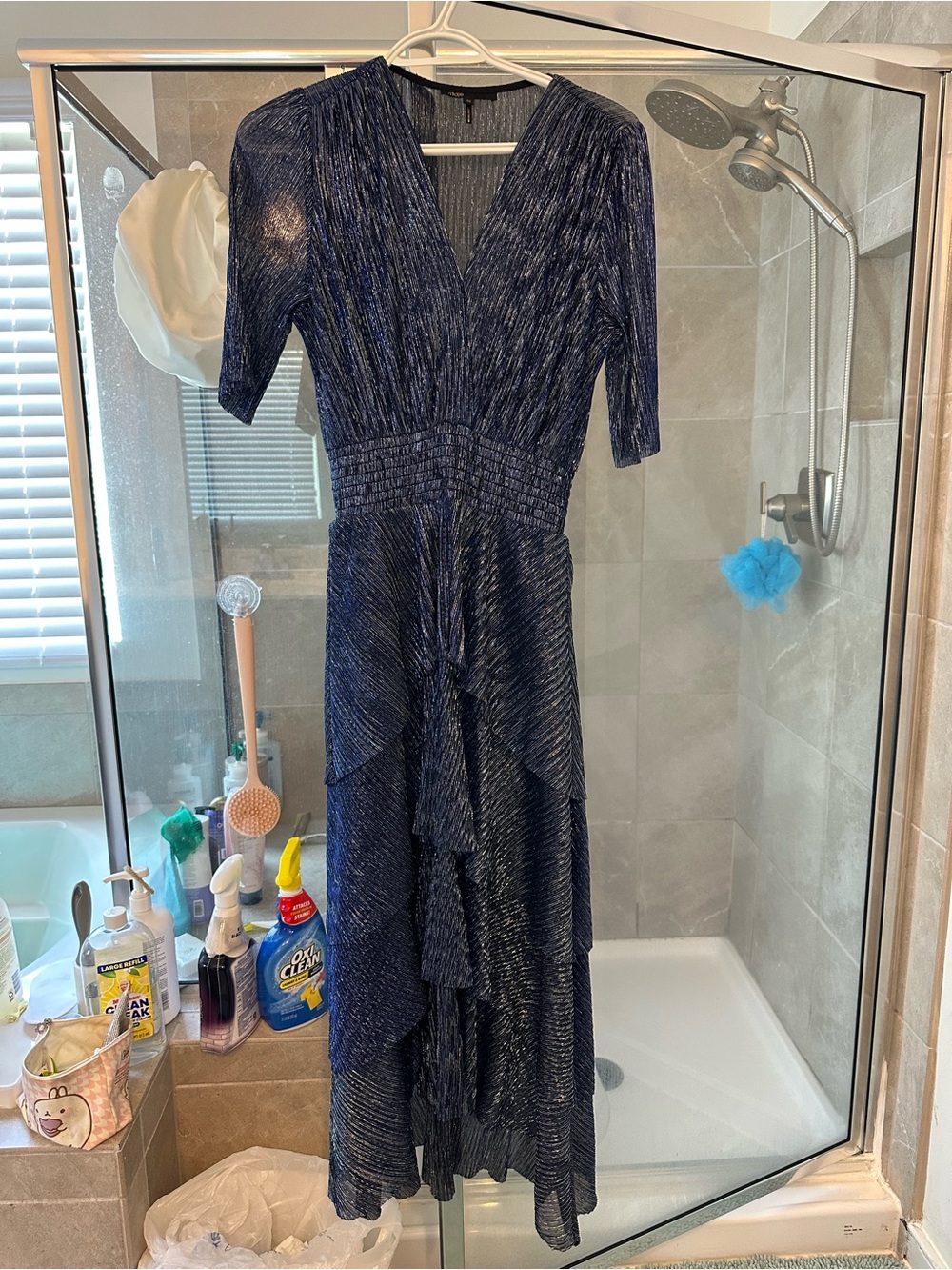 Maje Navy Metallic Pleated V-Neck Midi Dress